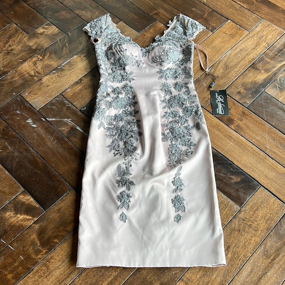 La Femme champagne & Gray embroidered gray lace sleeves bodycon formal dress